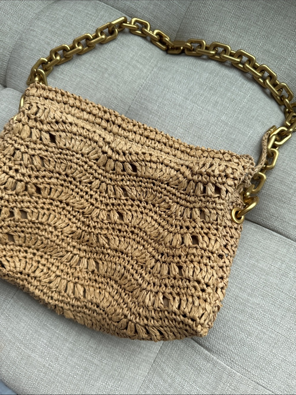 Zara Raffia Shoulder Bag with Gold Chain Handle - Tan - Picture 6 of 7